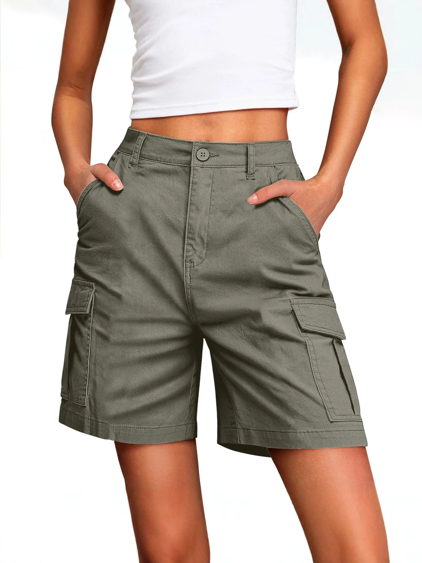 Women's Sporty Mid Waist Knee Length Shorts with 3D Pocket Contrast Panel Solid Color Casual Summer Bottoms for Outdoor Wear