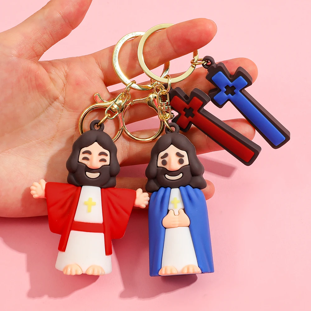 سلسلة مفاتيح على شكل شخصية يسوع PVC مع صليب، سلسلة مفاتيح هدية مسيحية بتصميم صليب ثلاثي الأبعاد، حلقة مفاتيح لمرآة السيارة هدية دراسة الكتاب المقدس #1