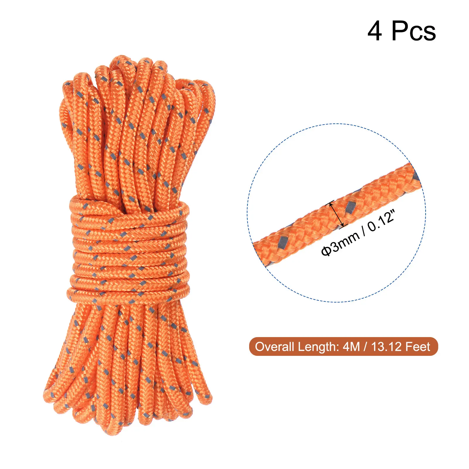 uxcell 4Pcs Tent Rope 3mm 13.12ft Polyester Cord Fluorescent Reflective Orange for Outdoor Camping Canopy