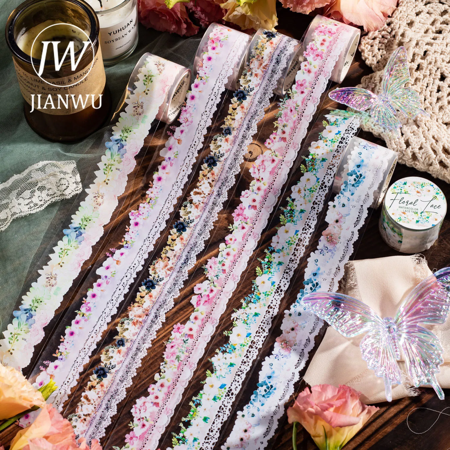 JIANWU 30mm * 200cm Floral Lace Series Vintage Flower Material Collage PET Tape Creative DIY Journal Stationery