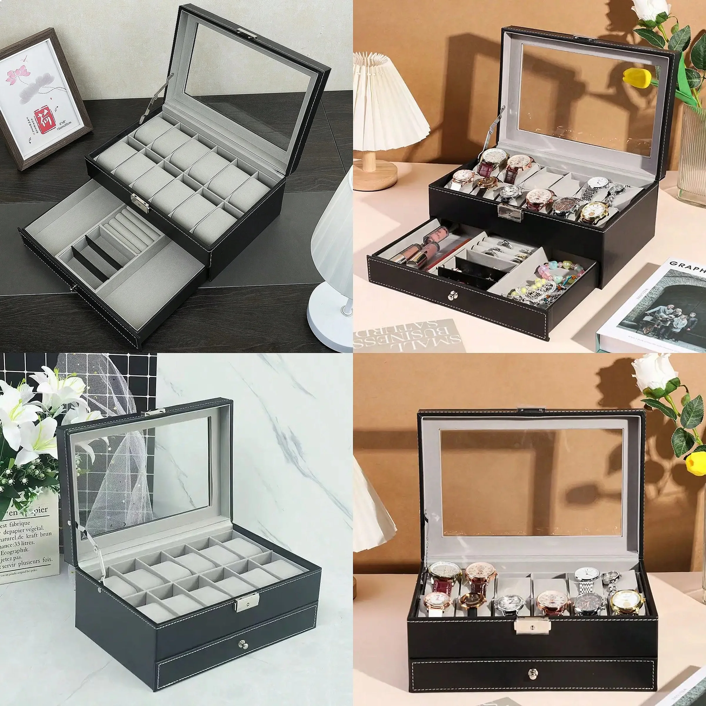 12-Slot Watch Box with Drawer, Luxury Leather Watch Storage Case Organizer, Black Jewelry Display Box for Men