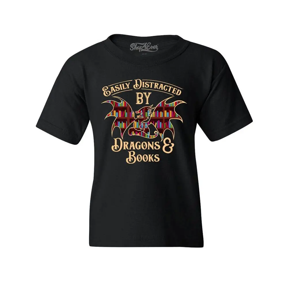 Easily Distracted by Dragons and Books Youth's T-Shirt Dragon ShirtsUnisex T-shirts for Men Women Summer Tees Cotton Luxury bran