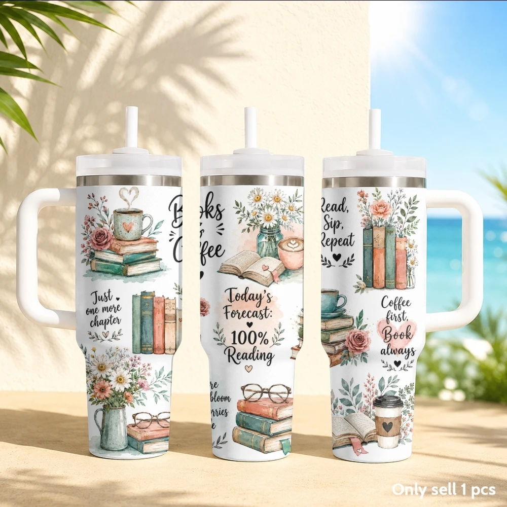 Library books Pattern Vacuum Flasks 40oz Stainless Steel Insulated Tumbler with Handle & Straw Leakproof Travel Mug