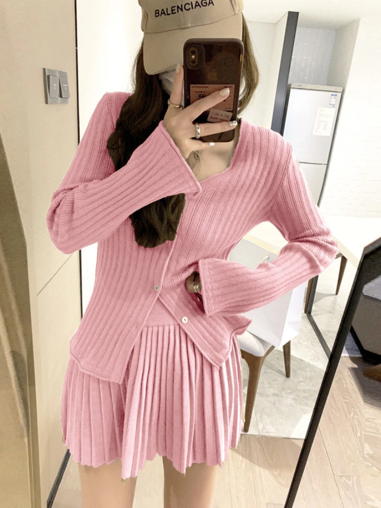 New Fashion Casual Single Breasted Knitted Two Piece Set Women Sweater Cardigan Coat + Pleats Skirt Sets Vintage 2 Piece Suits