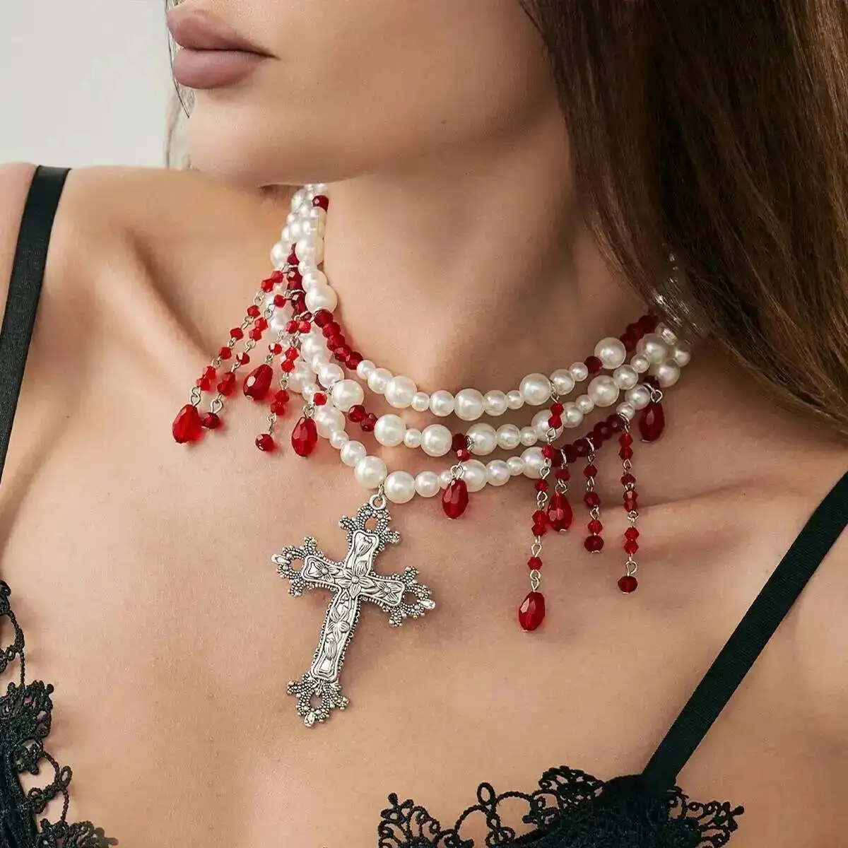 

Salircon Goth Elegant Tassel Imitation Pearl Necklace Women Vintage Red Black Crystal Cross Pendant Crystal Halloween Jewelry