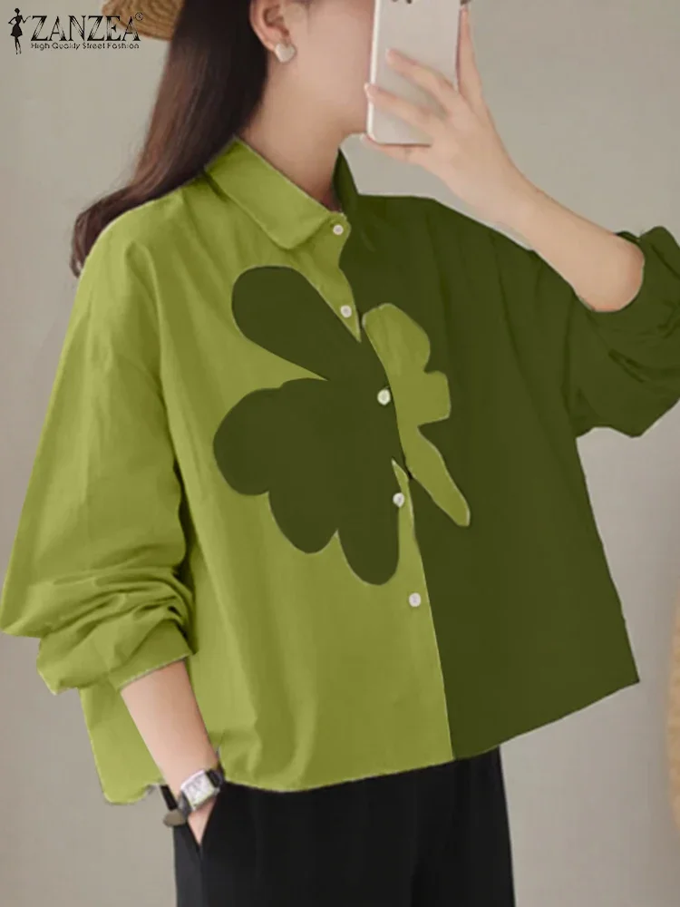 

ZANZEA 2025 Women Colorblock Shirt Fashion Long Sleeve Blouse Vintage Printed Blusas Casual Loose Spring Holiday Short Tunics