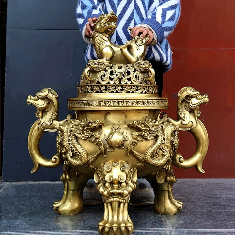 62CM Huge home temple Mansion efficacious Mascot talisman thriving business good luck gold dragon PI XIU COPPER  Fortune tripod