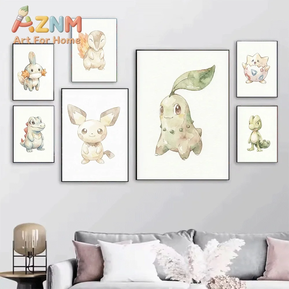 2D Flat Posters & Prints,Squirtle Watercolor Style Canvas Wall Art,2D Flat Frameless Anime Monster Print,Home Decor for Kids B