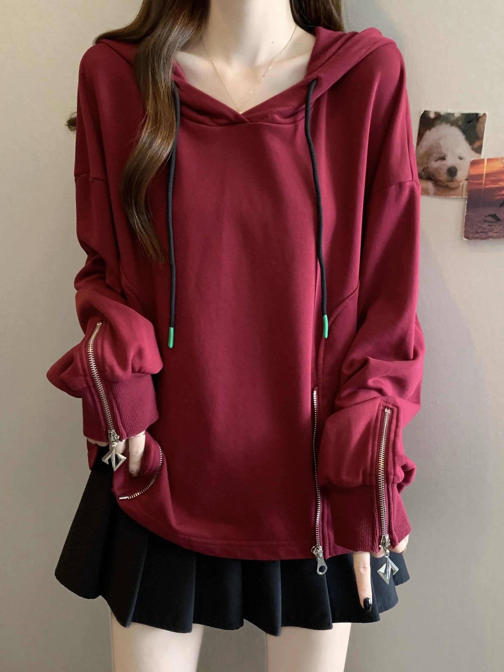 

plus Size Women's Hoodie Long Sve Zipper Design Loose Fit Red Sweatirt Casual Sle Autumn Winter Comfortable Slimming Top