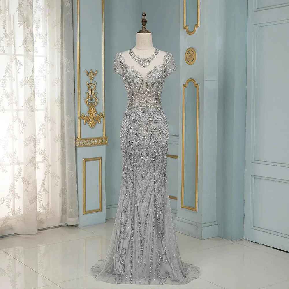 Luxury Silver Rhinestones Cap Sleeve Evening Dresses Long Mermaid Evening Gown Competition Formal Dress Robe De Soiree