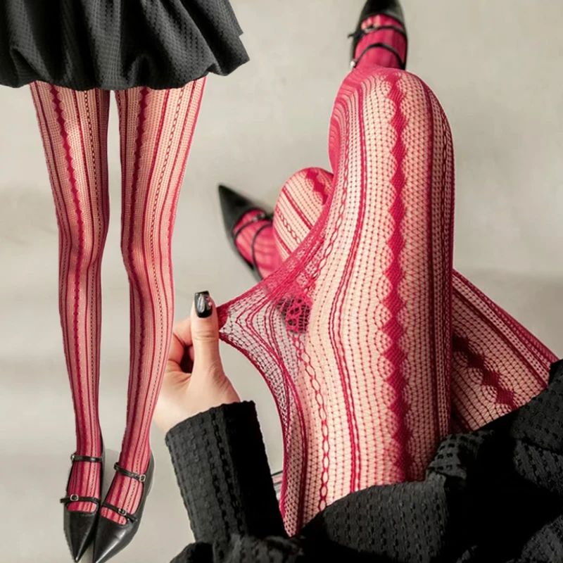 Vintage Red Lace Fishnet Pantyhose Women Hollow Diamond Shape Elastic Vertical Stripe Long Stockings Girls Crochet Hook Tights