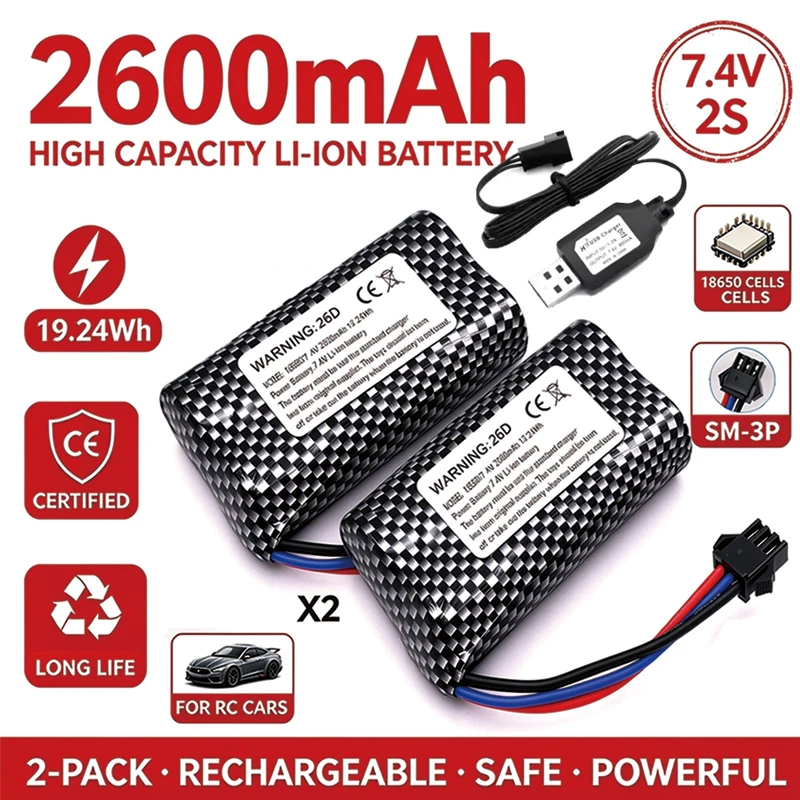 Lithium Battery 7.4V 2600mAh High Capacity Long Life for  RC Car Remote Control Climbing Deformation Vehicle Battery charging