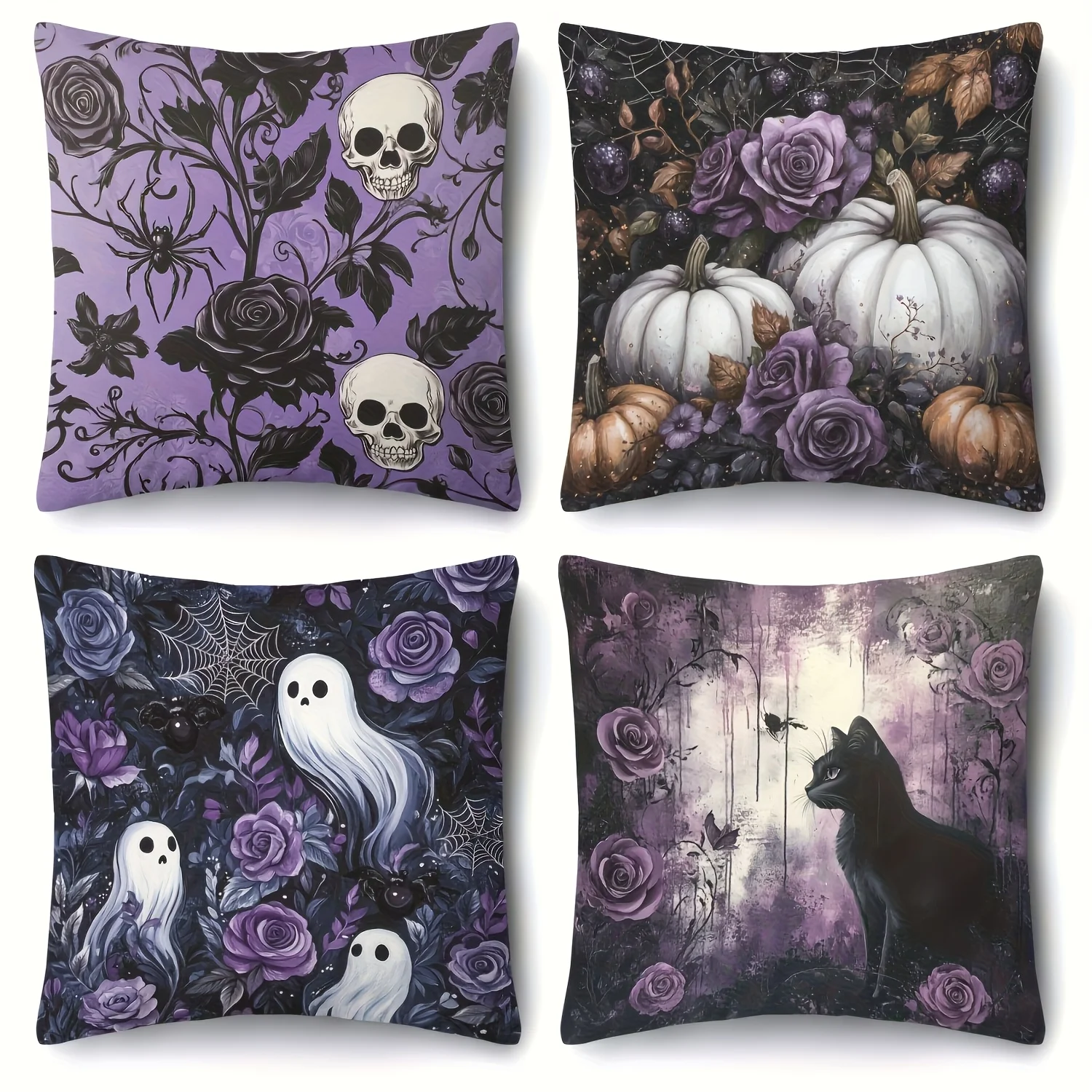 4-Pack Fantasy Halloween Pillow Covers 100% Polyester Double-Sided Printed, Mystic Skull Black Cat Purple Rose Pumpkin Design
