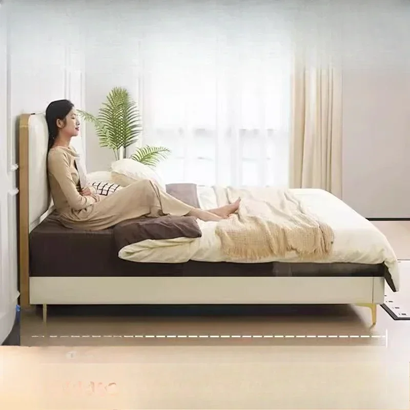 

Thin bedside, small apartment bedroom leather bed, master bedroom light luxury double bed