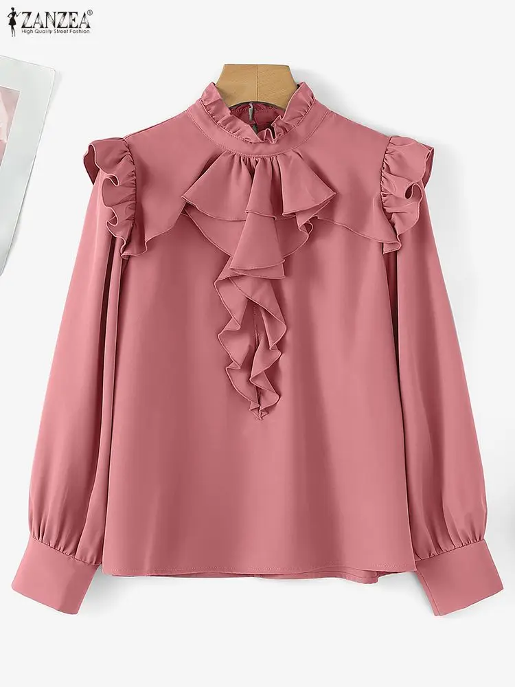 ZANZEA أنيقة مكتب سيدة بلايز تكدرت القمصان 2025 المرأة الخريف طويلة الأكمام الوقوف طوق بلوزة موضة عادية الصلبة Blusas OL