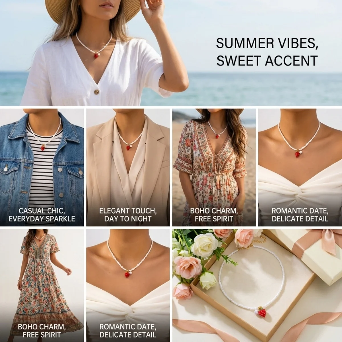 Reisperlen-Erdbeer-Anhänger-Halskette für Damen und Herren, süße, niedliche Kirsch-Herz-Schleifen-Quasten-Halskette, Y2K-Sommer-Modeschmuck – Detail 3