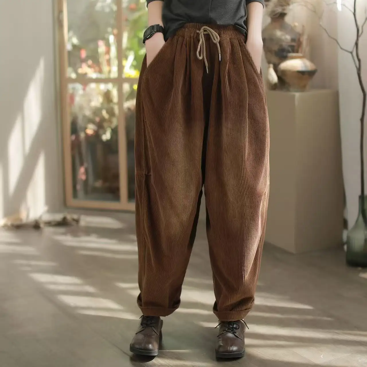 레트로 컬러 코듀로이 팬츠 여성용 가을 겨울 루즈 스트레이트 레그 하이웨이스트 바지 캐주얼 팬츠 한국 스타일