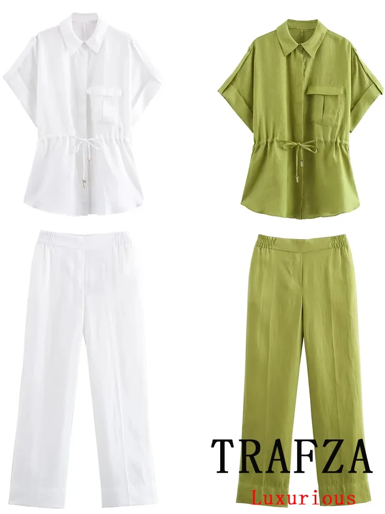 TRAFZA Vintage Casual Solid Women Suit Single Breasted Short Sleeve Shirt Loose Long Pants Chic Fashion 2024 Summer Basics Sets