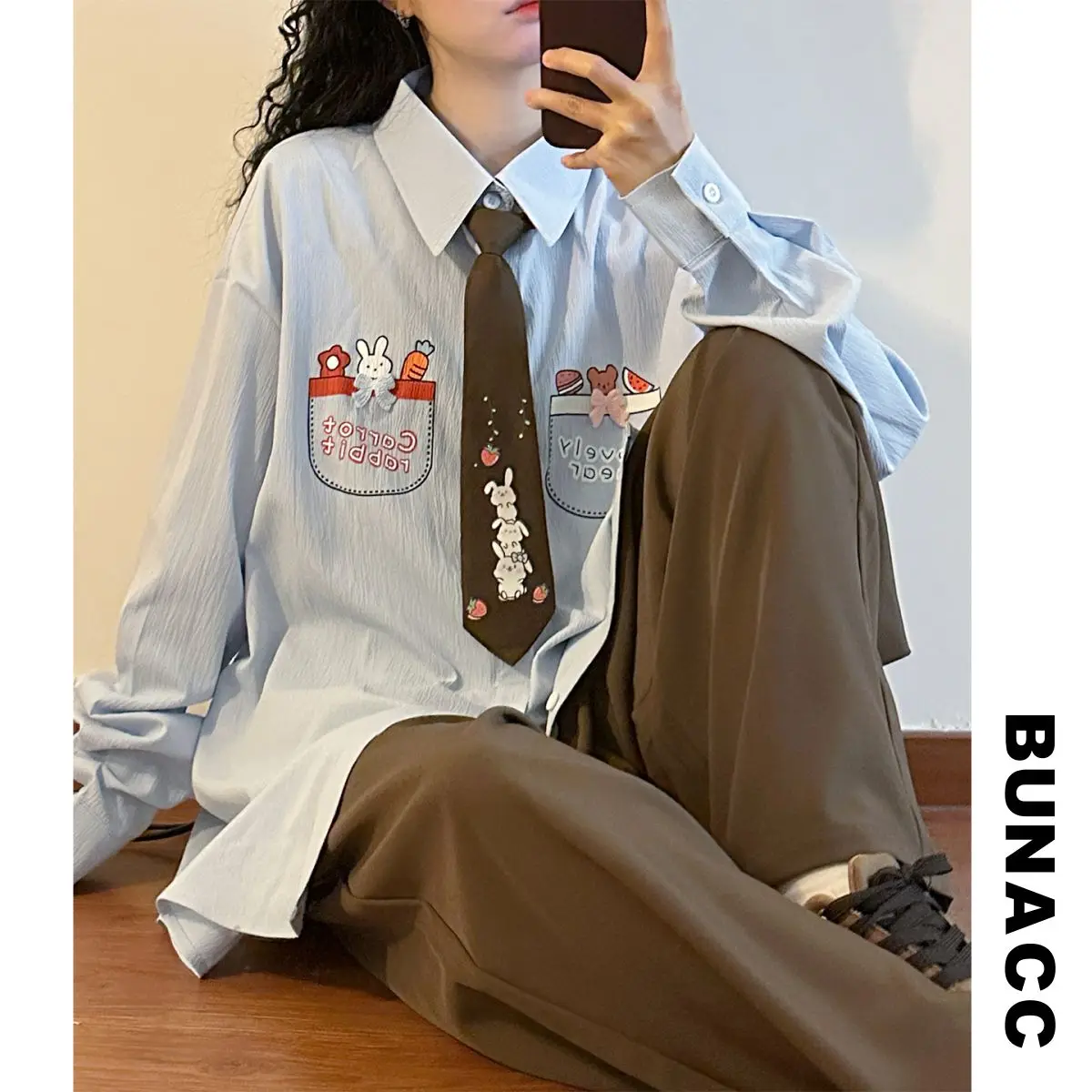 

Рубашка с вышивкой в стиле ретро и принтом кролика, женская, свободного кроя, с длинным рукавом, модная, весенняя, повседневная, с воротником, на пуговицах