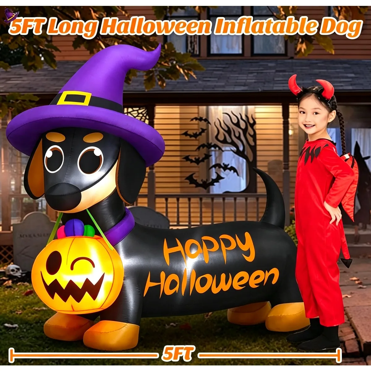 Halloween 5.4FT Inflatable Witch Sausage Dog Pumpkin LED Lights Outdoor Lawn Yard Decor Party Holiday Waterproof Inflatable