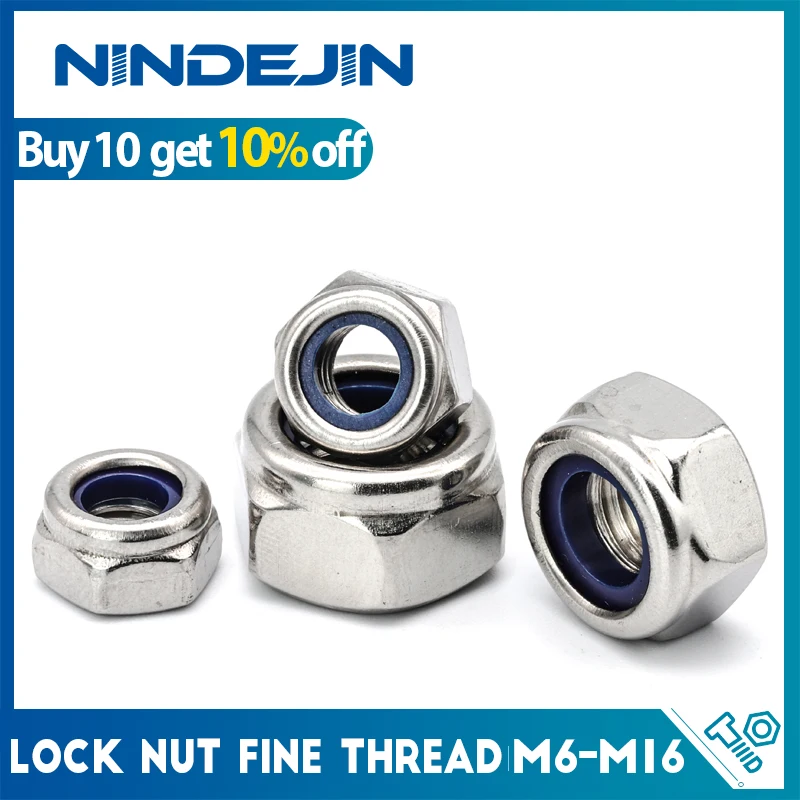 NINDEJIN 3-30pcs Nylon Insert Locking Nuts Fine Thread M6 M8 M10 M12 M14 M16 Stainless Steel Hexagon Self Locking Nut DIN985