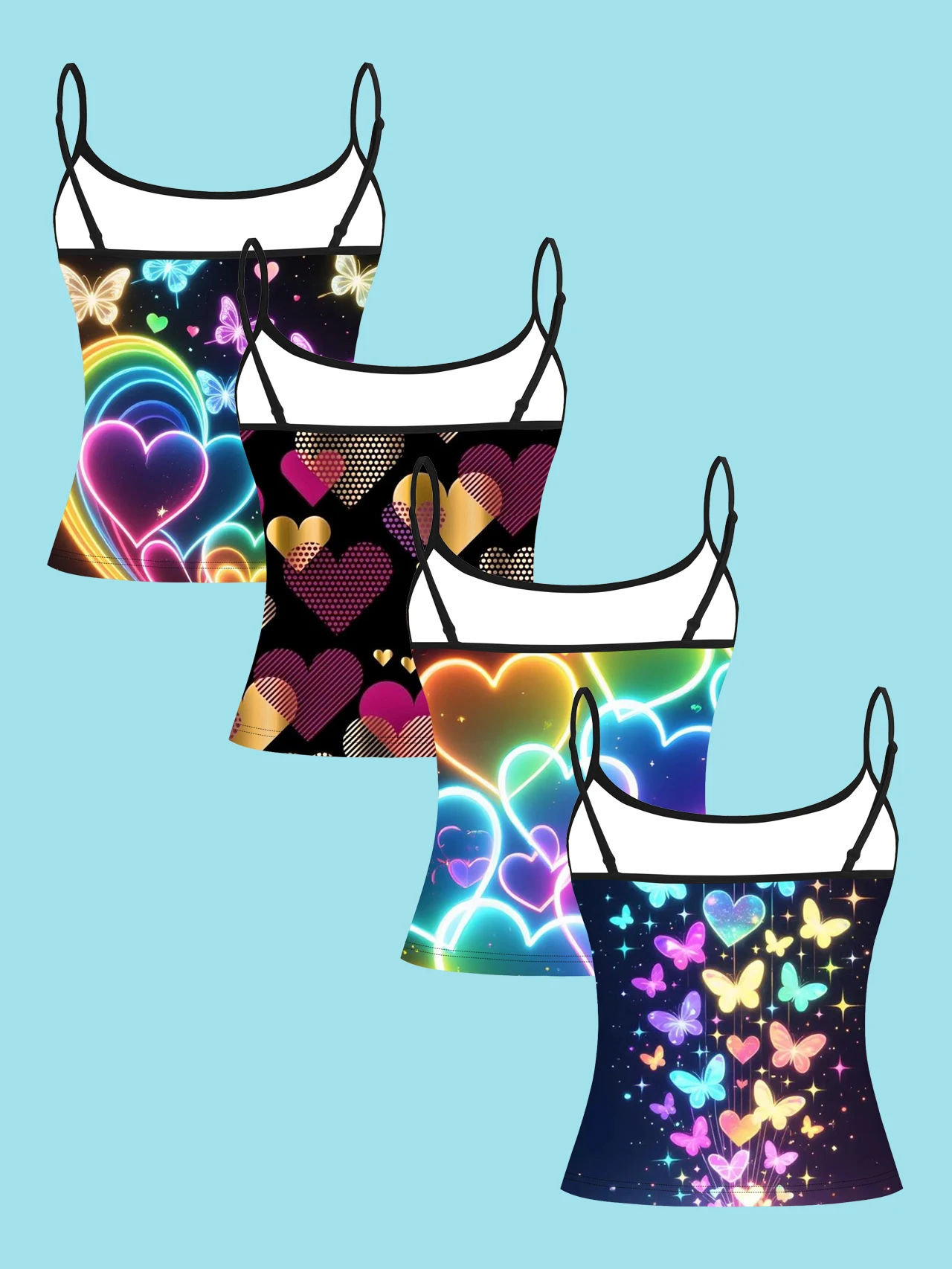 4-Piece Set of Women's Spaghetti Strap Camisoles with Black Base and Neon Light Effect Heart and Butterfly Prints, Slim Fit Sleeveless Tops, Y2K Sweet and Cool Style, Suitable for Outerwear or Layering