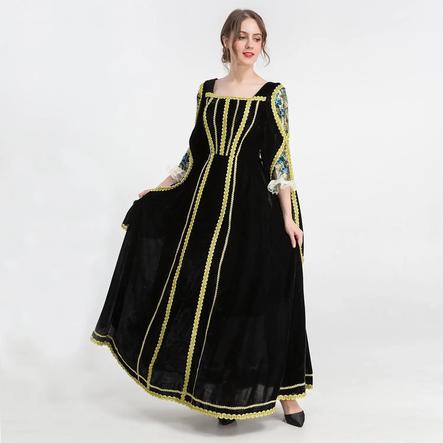 Ele Velvet Cinderella Dr for loween Medieval Birthday Par Host Queen of Court Bla Velvet Gown Polyester Material