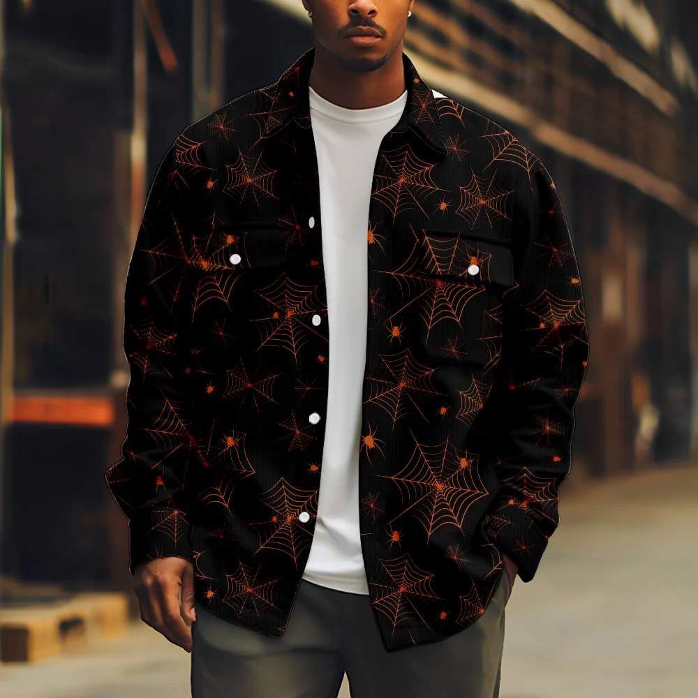 Halloween Jacket for Men Dark Red Spider Web Print Long Sleeve Turn-down Collar Coat Casual Streetwear