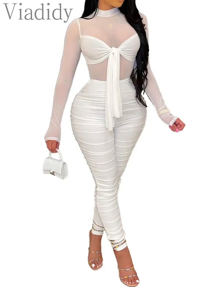 

Women Solid Color Sheer Mesh Long Sleeve Skinny Jumpsuit