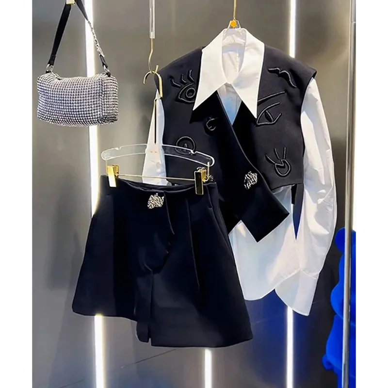 BESTBAFU الخريف موضة 3 قطعة مجموعة للنساء مصمم مجموعة التطريز شيك زر سترة + قميص أبيض + شورت الزي الأنيق 823P