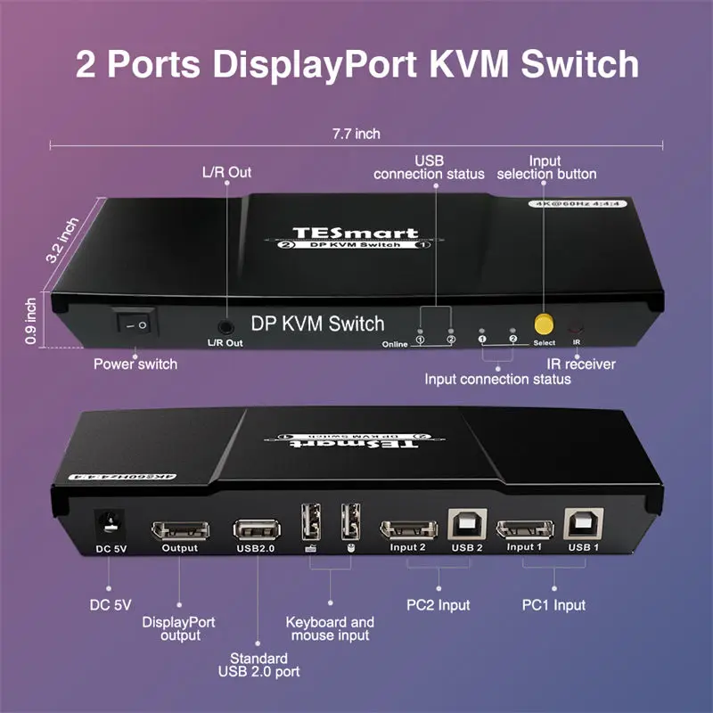 

TESmart 2x1 DP KVM Switch 4K 60HZ Support Hot Plug IR Auto Switching EDID Emulators 2 In 1 Out Video KVM Switcher