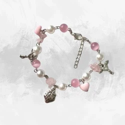 New Korean Pink Love Heart Beaded Bracelets for Women Sweet Temperament Design Bracelet Party Jewellery Gifts