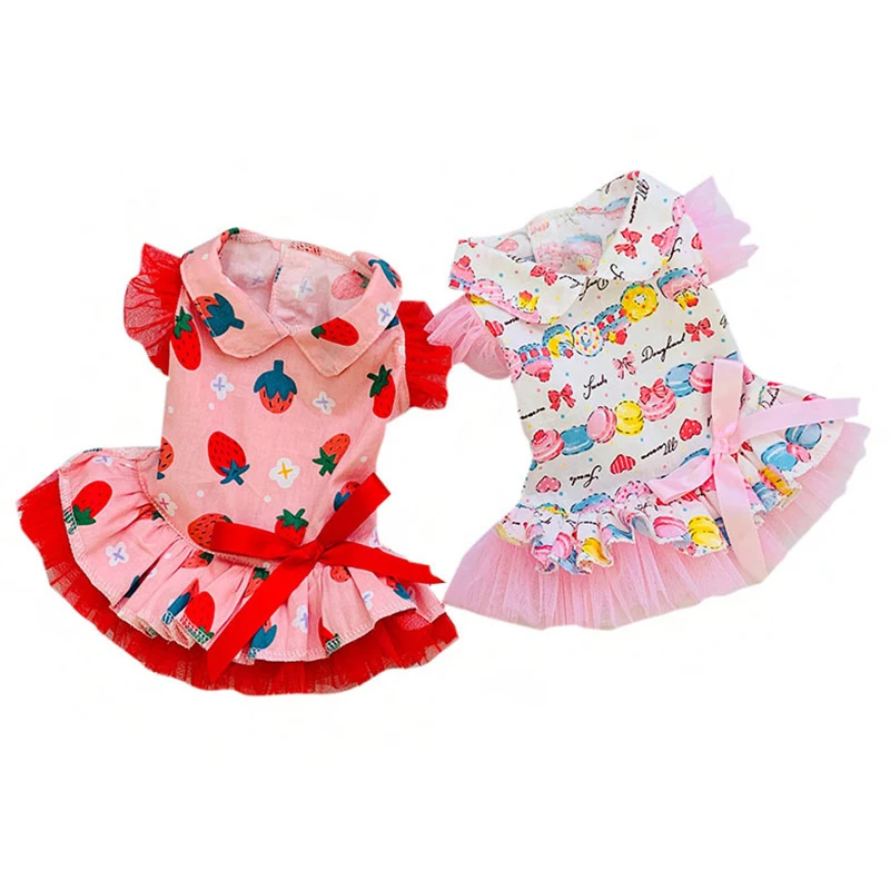 Strawberry Print Dress Pet Cupcake Dress Dog Skirt Princess Dress Bow Tie Lace Edge Doll Collar Girls Cat Clothes Pet Supplies