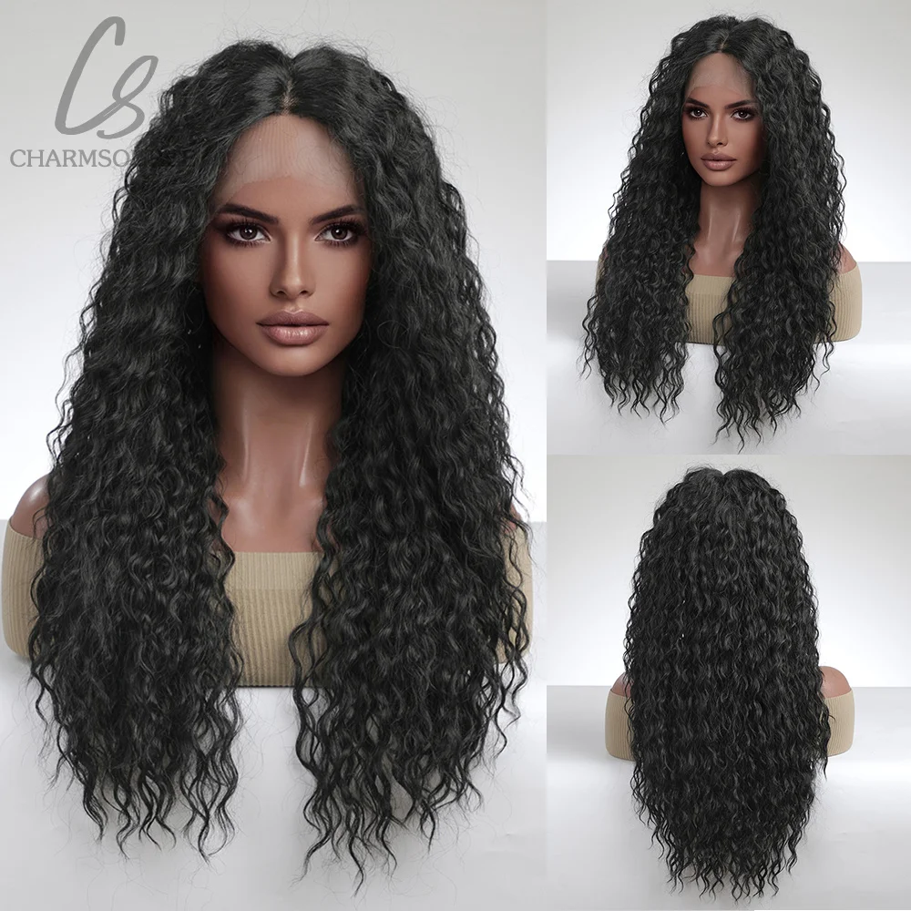 

CharmSource Black Long Deep Curly Wigs Synthetic Lace Front Wig for Black Women Hair Daily Party High Density Heat Resistant