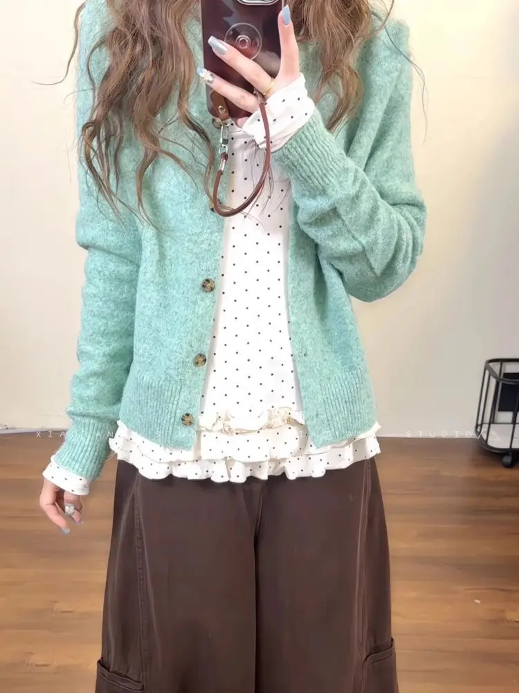 Polka Dot Ruches Lange Mouw T-shirts Vrouwen Herfst Zoete Slim Fit Base Tops Koreaanse Chic Veelzijdige Y2k Esthetische Tees