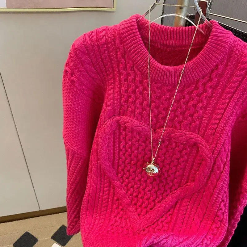 Korejpaa Pull Femme Elegant Rose Pink Heart Knitted Sweater Top Korean Fashion Round Neck Solid Pullover Clothes Autumn Winter