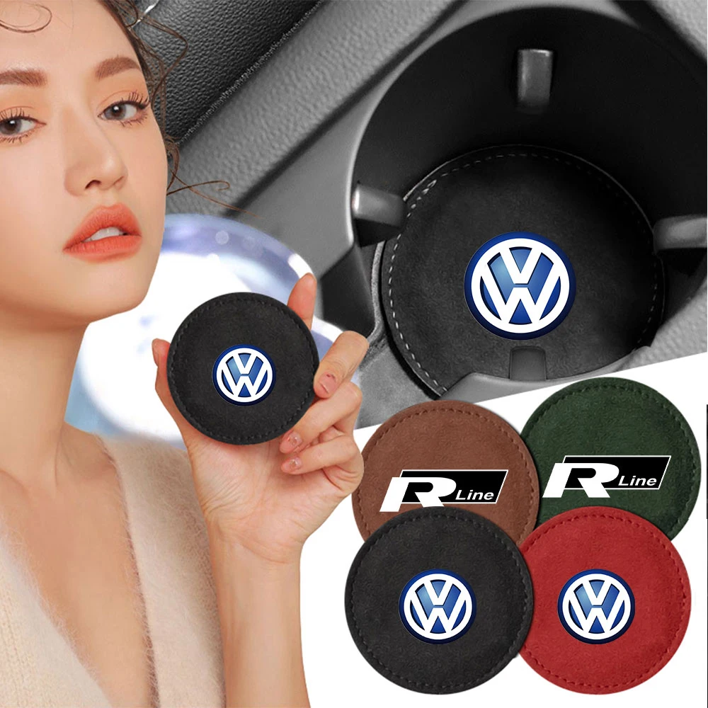 2pcs Car Coasters Water Cup Non-slip Pads Mats for Volkswagen VW RLINE Passat CADDY Tiguan T-ROC Golf Polo Jetta Touran 4 Motion