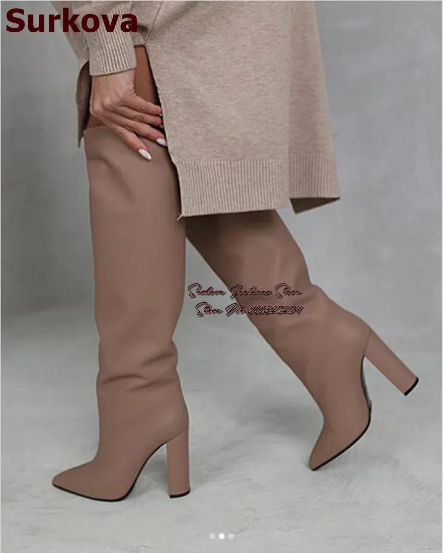 Surkova Nude White Matte Leather Chunky Heel Knee Boots Simple Model Pointed Toe Block Heels Tall Boots Fall Winter Dress Shos