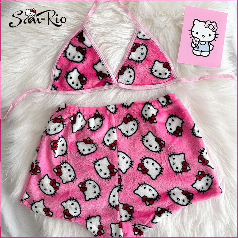 Hello Kitty piyama wanita, dua potong komik piyama Sanrio longgar pakaian rumah piyama musim panas wanita Bikini celana pendek wanita Set bra kawaii