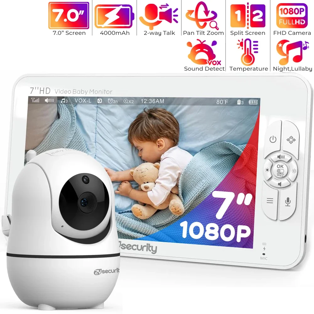 7 Inch Baby Monitor with Camera 1080P Pan-Tilt-Zoom Nanny Babyphone 2-way Audio Night Vision No WiFi 4000mAh Battery Babysitter