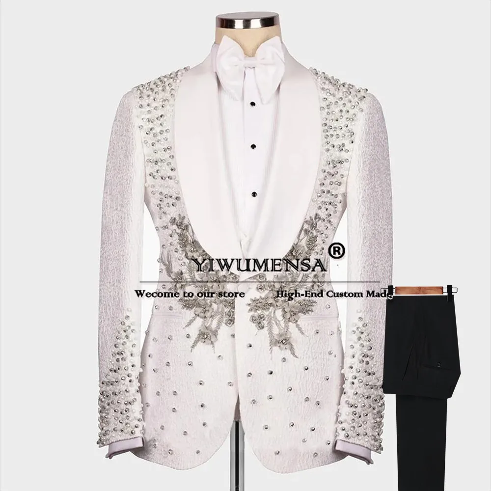 Vintage Jacquard Suits Men For Wedding Sliver Pearls Embroidery Prom Blazer Tailor-made Man Formal Party Groom Wear Tuxedo 2 PCS