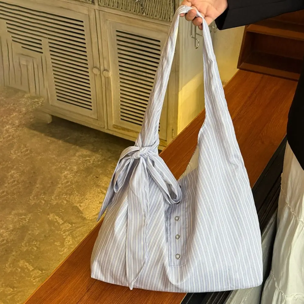 

Bow Striped Canvas Tote Bag Blue Korean Style Canvas Hobo Bag Fresh Color Literary Style Large Capacity Underarm Bag Outdoor
