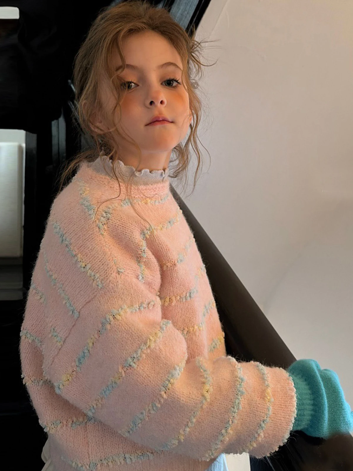 Girl's Striped Color Block Sweater – Sweet Pink Loose Fit Crew Neck Pullover, Cute Casual Knit Top