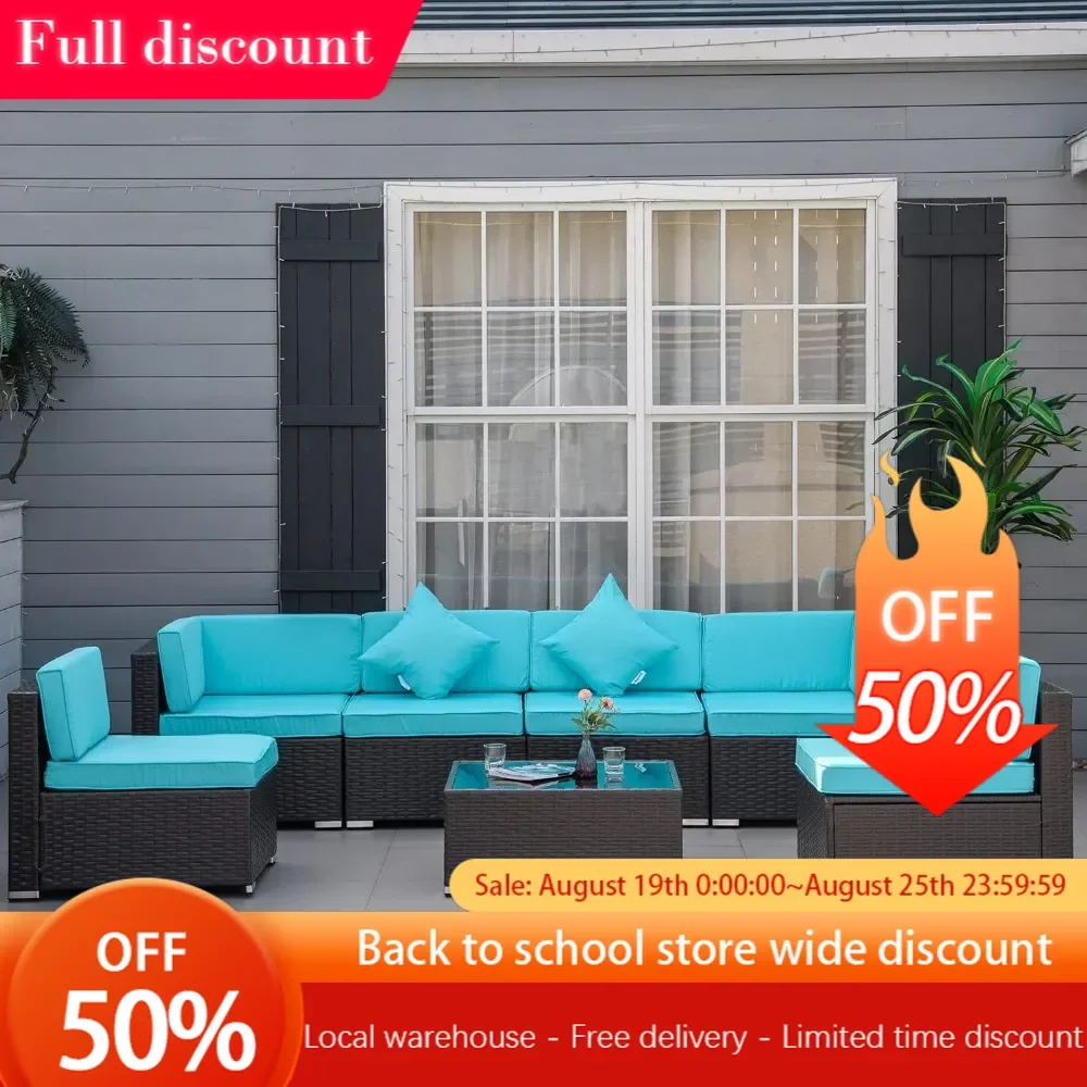 

7-Piece Patio Furniture Sets Outdoor Wicker Conversation Sets PE Rattan Sectional Sofa Set with Cushions Tempered Glass Desktop