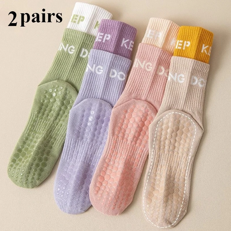 

2 Pairs of Women's Pilates Indoor Anti Slip Silicone Floor Socks Breathable Mid Tube Socks Fitness Dance Sports Yoga Socks