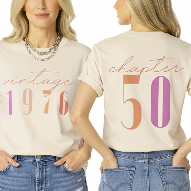 

50th Birthday Gift for Women Vintage 1976 Shirt for Her Letter Print Retro BD Party Tops Casual Short Sleeve Tees Streetwear