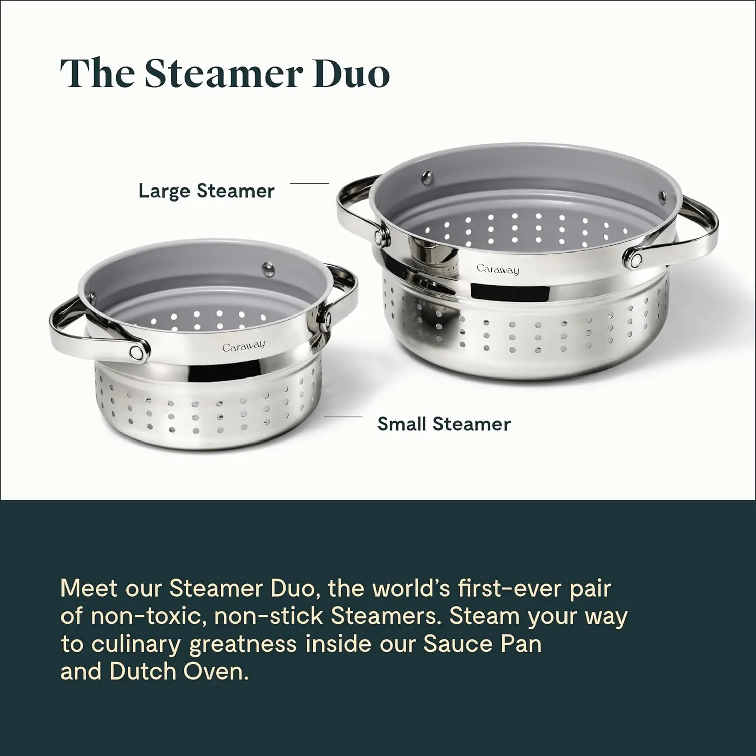 Caraway Steamer Duo - Stainless Steel Steamer with Handles - Non Stick, Non Toxic Coating - Steam Veggies, Seafood