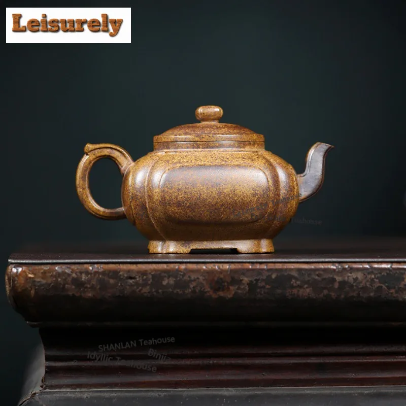 310ml Yixing Purple Clay Teapots Handmade Square Tripod Pot Raw Ore Wood-fired Porcelain Mud Kettle With Infuser Zisha Tea Set