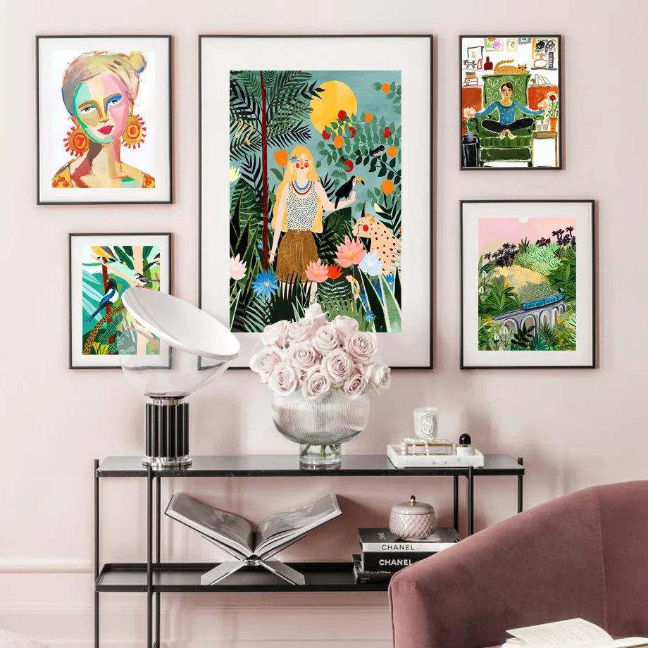 Abstract Tropical Leopard Wall Art, Cat, Bird, Flower, Jungle, Canvas Posters and Prints, Wall Pictures for Living Room Decor