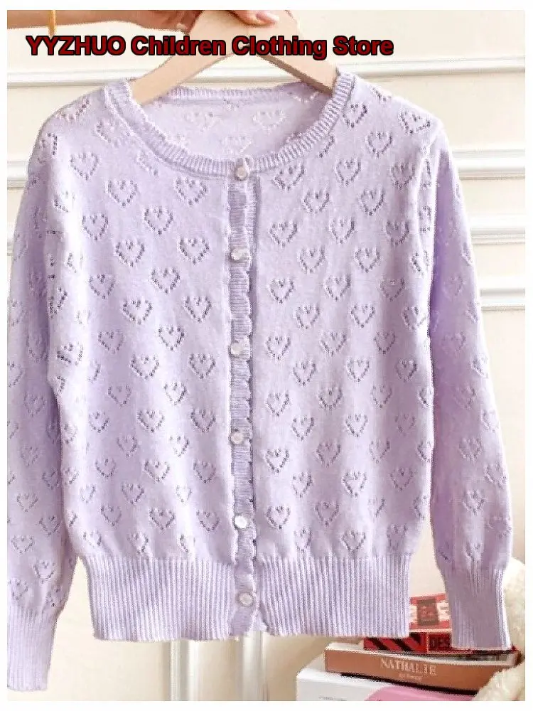 Girls Cardigan Small Coat Hollow Out Spring Summer Ice Silk Knit Air-Conditioning Shirt Children Stylish Heart-Shaped Sun-Protec